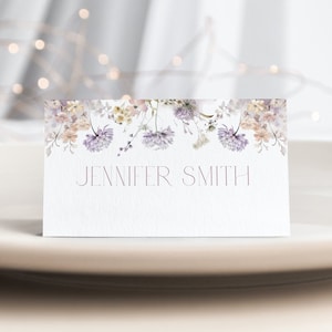 Cartão de lugar floral roxo, modelo de cartão de lugar floral, cartão de lugar de casamento floral roxo, cartão de nome editável, cartão de lugar floral, tenda plana p1