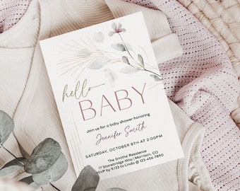 Editable Hello Baby - Baby Shower Invitation | Floral Design 1 | Gender Neutral Baby Shower Template 5x7 inches | Digital Download