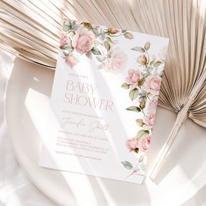 Roze roos babyshower uitnodiging sjabloon roze bloemen babyshower uitnodiging meisje roze blos babyshower uitnodiging rozen roze babyshower G2