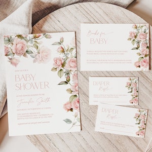 Dusty Pink Rose Baby Shower Invitation Set Template Baby Shower Invitation Pink Roses Books for Baby Card Diaper Raffle Card Dusty Pink G2