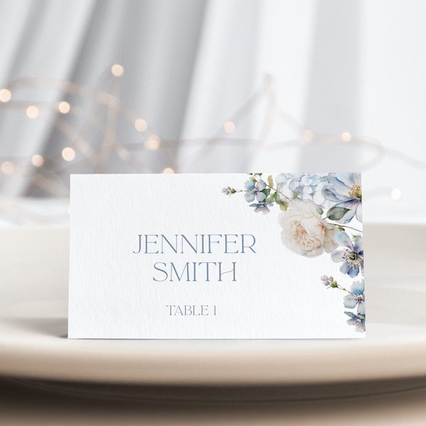 Dusty Blue Floral Place Card Template Light Blue Floral Tented Place Card Dusty Blue White Floral Place Card Tented Wedding Place Card B2 D3