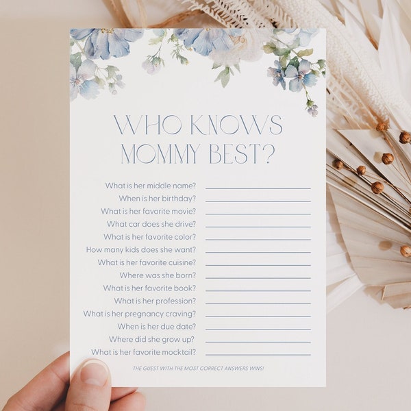 Dusty Blue Floral Who Knows Mommy Best Baby Shower Game Who Knows Mom Best Baby Shower Games Blue Floral Who Knows Mommy Best Blue Floral B2