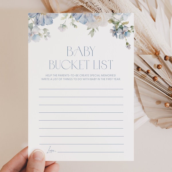Dusty Blue Floral Baby Bucket List Baby Shower Game Baby Bucket List Blue Baby's First Year Bucket List Baby First Year Bucket List Game B2