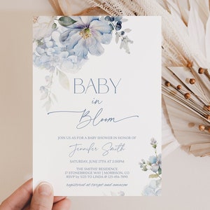 Dusty Blue Baby in Bloom Baby Shower Invitation Template for Baby Shower Invitation Baby in Bloom Invite Blue Baby Shower Invite Boy Baby B2