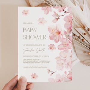 Modello di invito per baby shower con fiori di ciliegio Invito per baby shower per ragazze Fiore di ciliegio rosa Invito per baby shower ragazza Fiore di ciliegio rosa