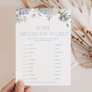 Dusty Blue Floral Baby Around the World Baby Shower Game Blue Baby Around World Game Baby Translation Game Saying Baby Around the World B2