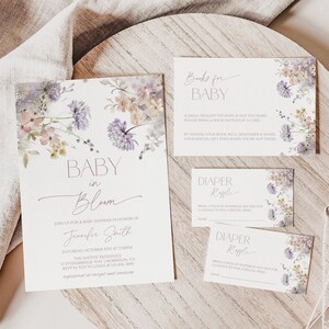 Purple Floral Baby in Bloom Baby Shower Invitation Set Template Baby in Bloom Invite Purple Books for Baby Card Diaper Raffle Card Purple P1