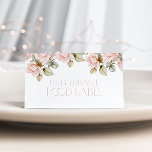 Plantilla de etiqueta de comida rosa polvorienta Tarjeta de etiqueta de comida rosa polvorienta Tarjeta de buffet de boda rosa Tarjeta de buffet de rosas rosadas Tarjeta de tienda de comida de boda G2 F3