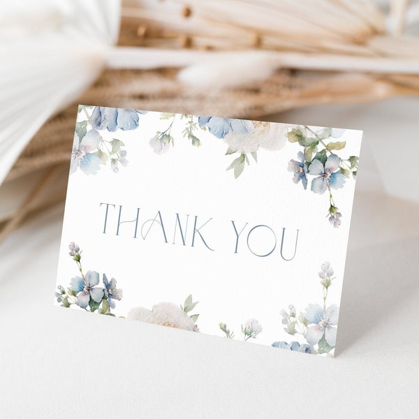 Dusty Blue Floral Thank You Card Template Dusty Blue Thank You Card Blue Floral Thank You Card Printable Thank You Card Blue Flowers B2 D3