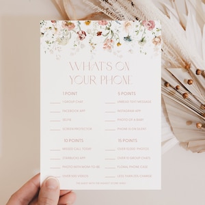 Chic Floral What&#39;s on Your Phone Baby Shower Game Card Template What&#39;s on Your Phone Game Baby Shower What&#39;s on Your Phone Game Floral A1