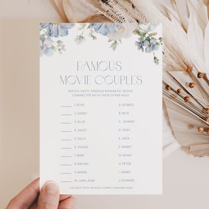 Dusty Blue Floral Movie Couples Game Famous Movie Couples Bridal Shower Game Famous Couples Game Bridal Shower Match the Couples Game D3