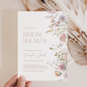 Dusty Pink Purple Wildflower Bridal Shower Invitation Template Editable Bridal Shower Invite Boho Wildflower Bridal Shower Invitation Pink