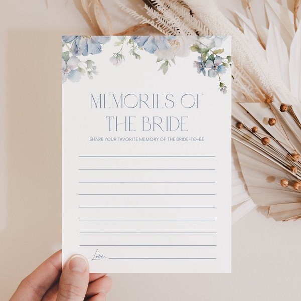 Dusty Blue Floral Memories of the Bride Card Template Memory with the Bride Bridal Shower Game Who Am I Bridal Shower Share a Memory Card D3