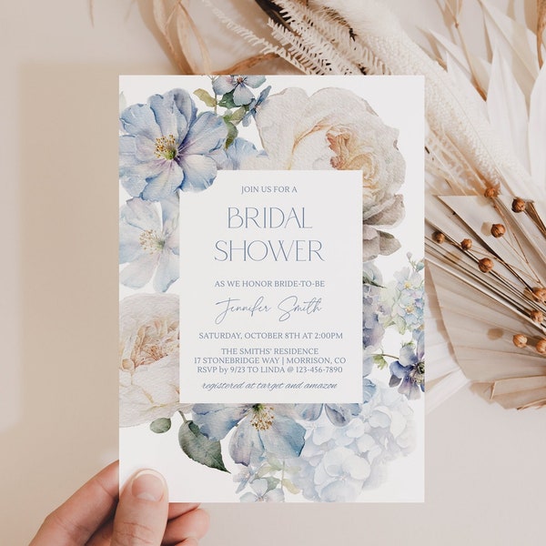 Dusty Blue Bridal Shower Invitation Template for Bridal Shower Invitation Dusty Blue Floral Frame Bridal Shower Invite Dusty Blue Flowers D3