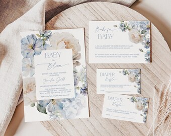 Dusty Blue Baby in Bloom Baby Shower Invitation Set Template Baby in Bloom Invitation Blue Books for Baby Card Diaper Raffle Card Blue B2