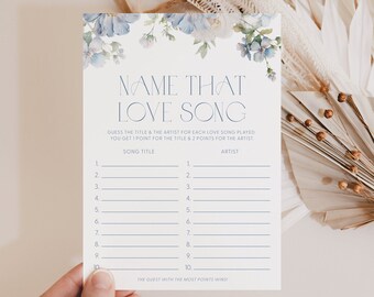 Dusty Blue Floral Name That Love Song Game Guess The Love Song Bridal Shower Game Name That Love Tune Bridal Shower Love Song Game D3