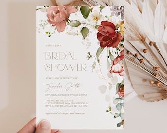 Summer Floral Bridal Shower Invitation Template Burgandy Floral Bridal Shower Invite Digital Floral Bridal Shower Invite Cascading Flowers