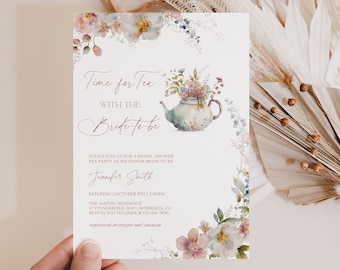 Time for Tea with the Bride To Be Invitation Template Editable Bridal Shower Tea Party Invitation for Bridal Afternoon Tea Floral Tea Cup T1