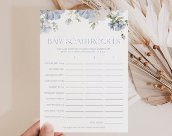 Dusty Blue Floral Baby Scattergories Game Template Baby Shower Scattergories Baby Shower Game Baby Scattergories Blue Baby Shower Games B2