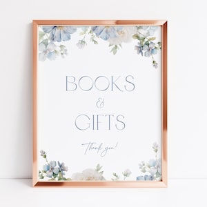 Livros e presentes florais azuis empoeirados modelo de sinal