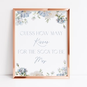 Dusty Blue Floral Guess How Many Kisses For the Soon To Be Mrs. Bridal Shower Game Sign & Response Card Guess How Many Kisses Game Bridal D3