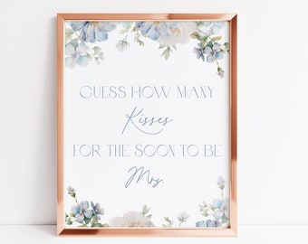 Dusty Blue Floral Guess How Many Kisses For the Soon To Be Mrs. Bridal Shower Game Sign & Response Card Guess How Many Kisses Game Bridal D3