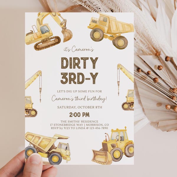 Dirty 3rd-y Birthday Invitation Construction Birthday Invitation Dump Truck Party Invite Construction 3rd Bday Invite Construction Party T5