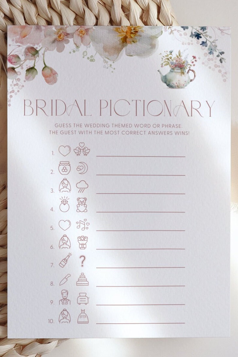 Tea Pictionary Floral Tea Party Bridal Pictionary Game Bridal Shower Tea Pictionary ...