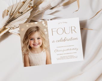 Fourth Birthday Photo Invite Minimalist 4th Birthday Invitation Fourth Birthday Photo Invite 4th Birthday Invite with Photo 4th Bday Invite