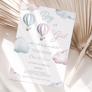 Hot Air Balloon Gender Reveal Invite It's Up in the Air Invitation Up in the Air Gender Reveal Invitation He or She Evite Boy or Girl Evite