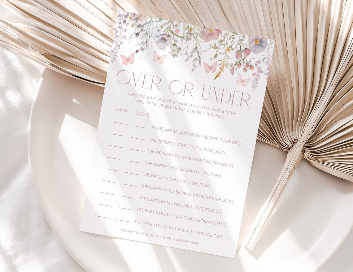 Butterfly Over or Under Game Baby Shower Game Butterfly Over or Under ...