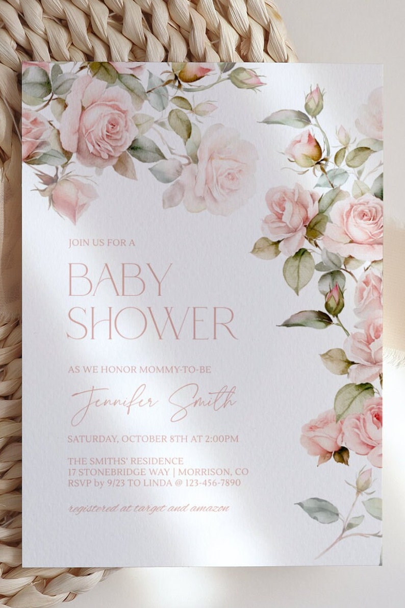 Pink Rose Baby Shower Invitation Template Pink Floral Baby Shower