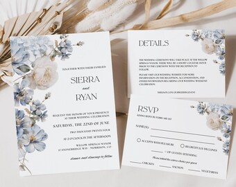 Dusty Blue Floral Wedding Invitation Suite Editable Template Light Blue Pastel Floral Wedding Invitation Set Printable Blue White Flowers