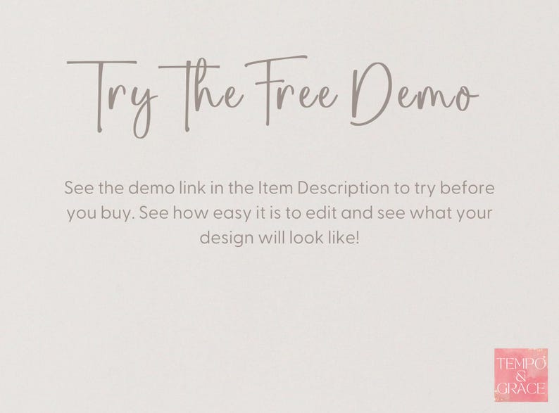 text that reads "Try the Free Demo" and provides instructions for viewing the demo link in the item description to see how easy it is to edit and what the design will look like.
