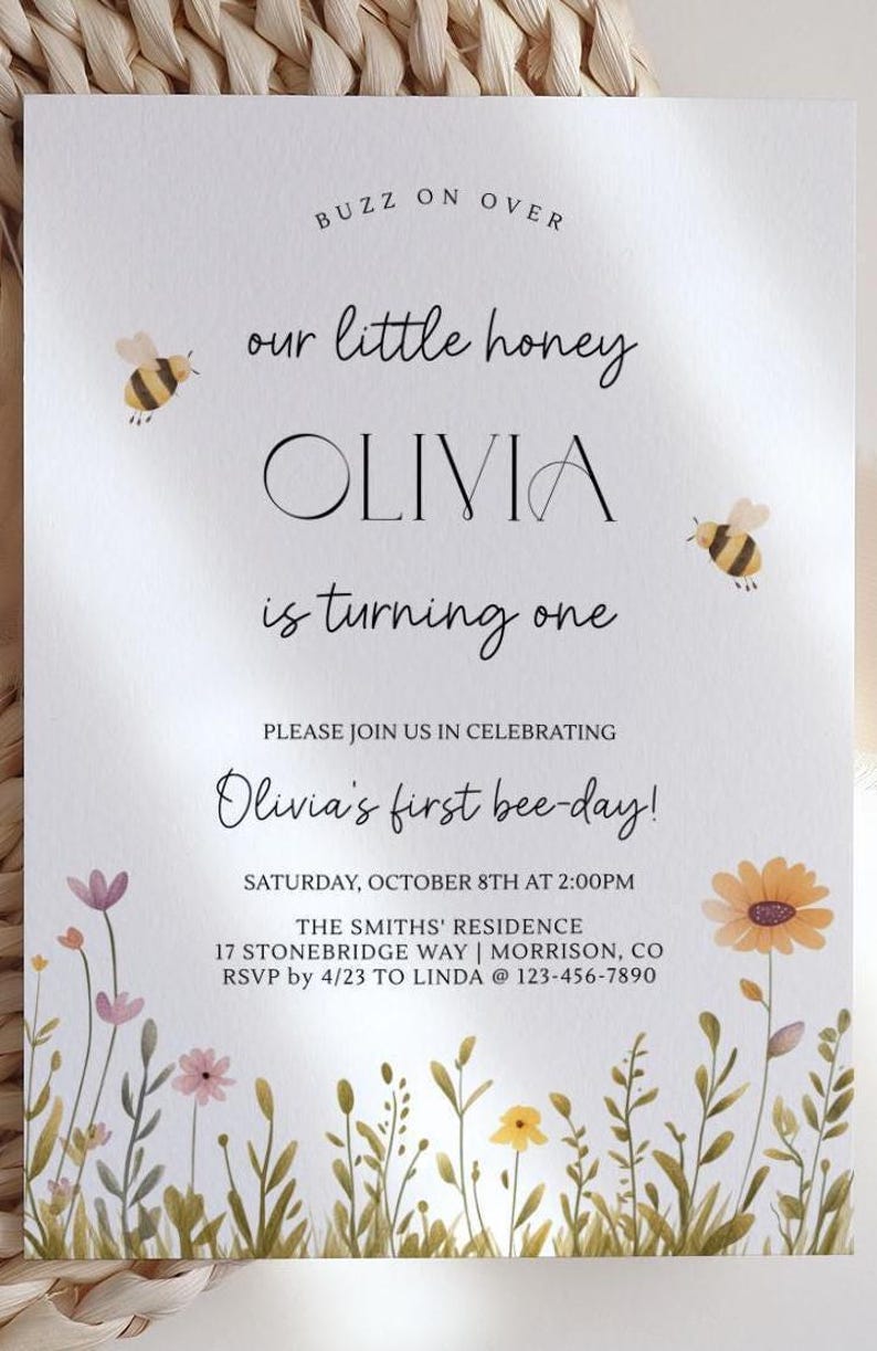Bee First Birthday Invitation Our Little Honey First Birthday Invitation Bee Birthday Invite Cute Bee Birthday Invitation 1st Bee-Day Invite afbeelding 4
