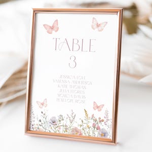 以下が含まれることがあります： ローズゴールドのフレームに入ったテーブル番号のサイン。サインには「TABLE」の文字と数字の「3」が表示されています。繊細な水彩画の蝶と花の要素がサインを飾っています。ゲストの名前はテーブル番号の下に記載されています。