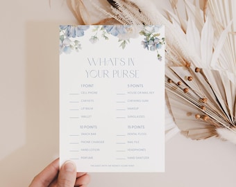 Dusty Blue Floral What's in Your Purse Bridal Shower Game Template What's in Your Purse Game Bridal Shower What's in Your Purse Game Blue D3