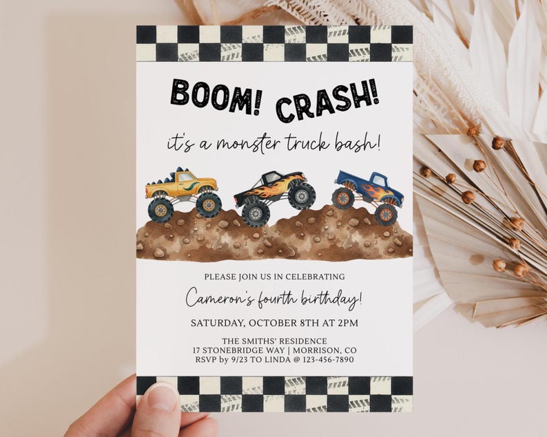 Monster Truck Birthday Invitation Monster Truck Bash Birthday Invitation Monster Truck Evite Monster Jam Birthday Invite Boom Crash Smash image 1