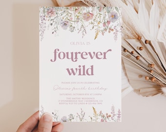 Wildflower Four Ever Wild Birthday Invite Fourever Wild Invitation Wildflower Bday Invite 4ever Wild Invite Girl Wildflower 4th Birthday W3