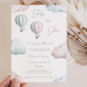 Hot Air Balloon Gender Reveal Invite Its Up in the Air Gender Reveal Party Invite He or She Gender Reveal Invitation He or She Evite Balloon image 1