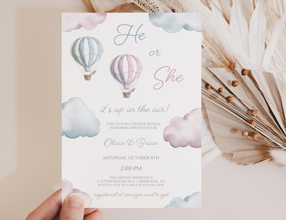 Hot Air Balloon Gender Reveal Invite Its Up in the Air Gender Reveal Party Invite He or She Gender Reveal Invite He or She Evite Balloon X1