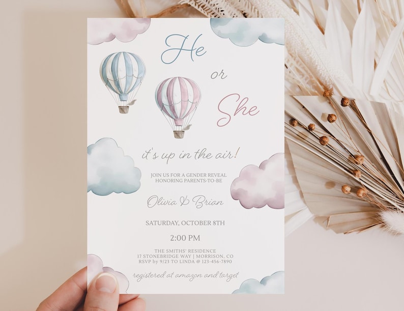 Hot Air Balloon Gender Reveal Invite Its Up in the Air Gender Reveal Party Invite He or She Gender Reveal Invitation He or She Evite Balloon image 1