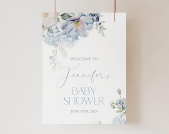 Light Blue Floral Baby Shower Welcome Sign Template Blue Baby Shower Welcome Sign Dusty Blue Baby Shower Welcome Sign Gender Neutral B2