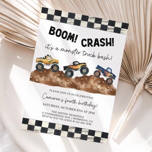 Monster Truck Birthday Invitation Monster Truck Bash Birthday Invitation Monster Truck Evite Monster Jam Birthday Invite Boom Crash Smash image 2