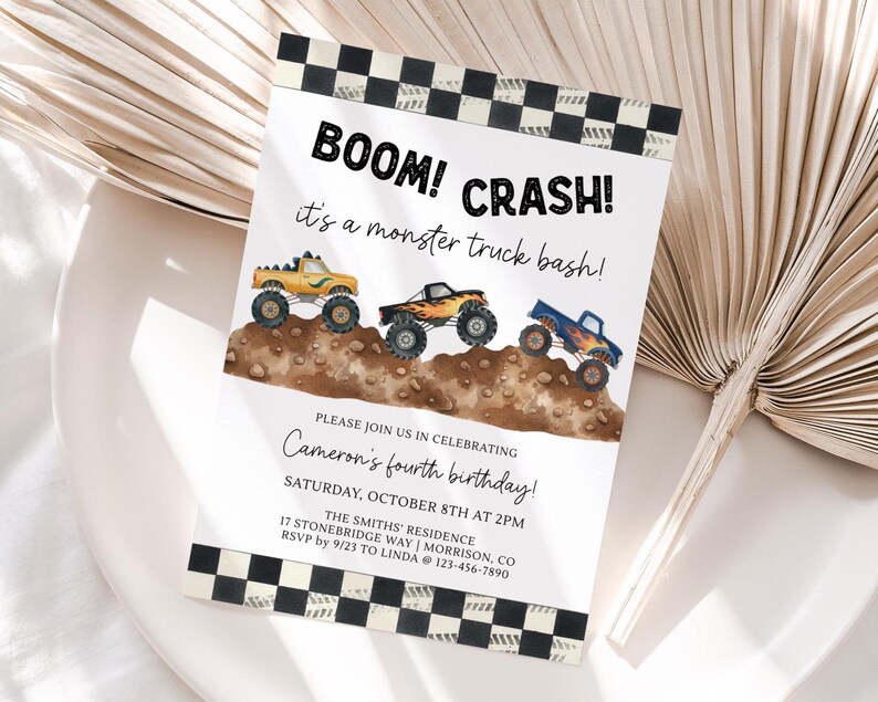 Monster Truck Birthday Invitation Monster Truck Bash Birthday Invitation Monster Truck Evite Monster Jam Birthday Invite Boom Crash Smash image 2