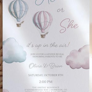 Hot Air Balloon Gender Reveal Invite Its Up in the Air Gender Reveal Party Invite He or She Gender Reveal Invitation He or She Evite Balloon image 4
