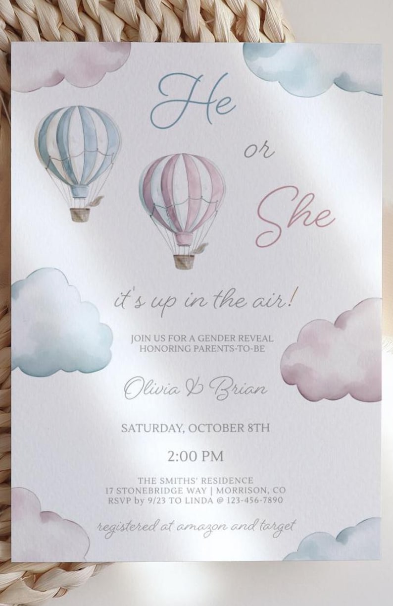 Hot Air Balloon Gender Reveal Invite Its Up in the Air Gender Reveal Party Invite He or She Gender Reveal Invitation He or She Evite Balloon image 4