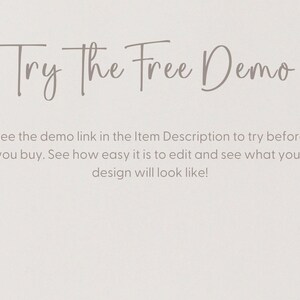 text that reads "Try the Free Demo" and provides instructions for viewing the demo link in the item description to see how easy it is to edit and what the design will look like.