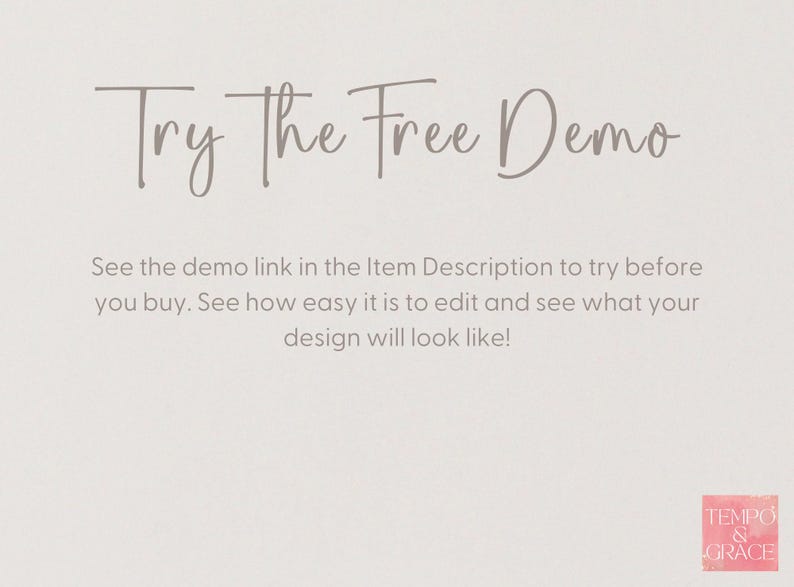 text that reads "Try the Free Demo" and provides instructions for viewing the demo link in the item description to see how easy it is to edit and what the design will look like.