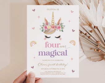 May include: A white birthday invitation card featuring a gold unicorn horn, floral crown, and closed eyes. Text reads: OLIVIA IS four ever magical PLEASE JOIN US IN CELEBRATING Olivia's fourth birthday! SATURDAY, OCTOBER 8TH AT 2PM THE SMITHS' RESIDENCE.